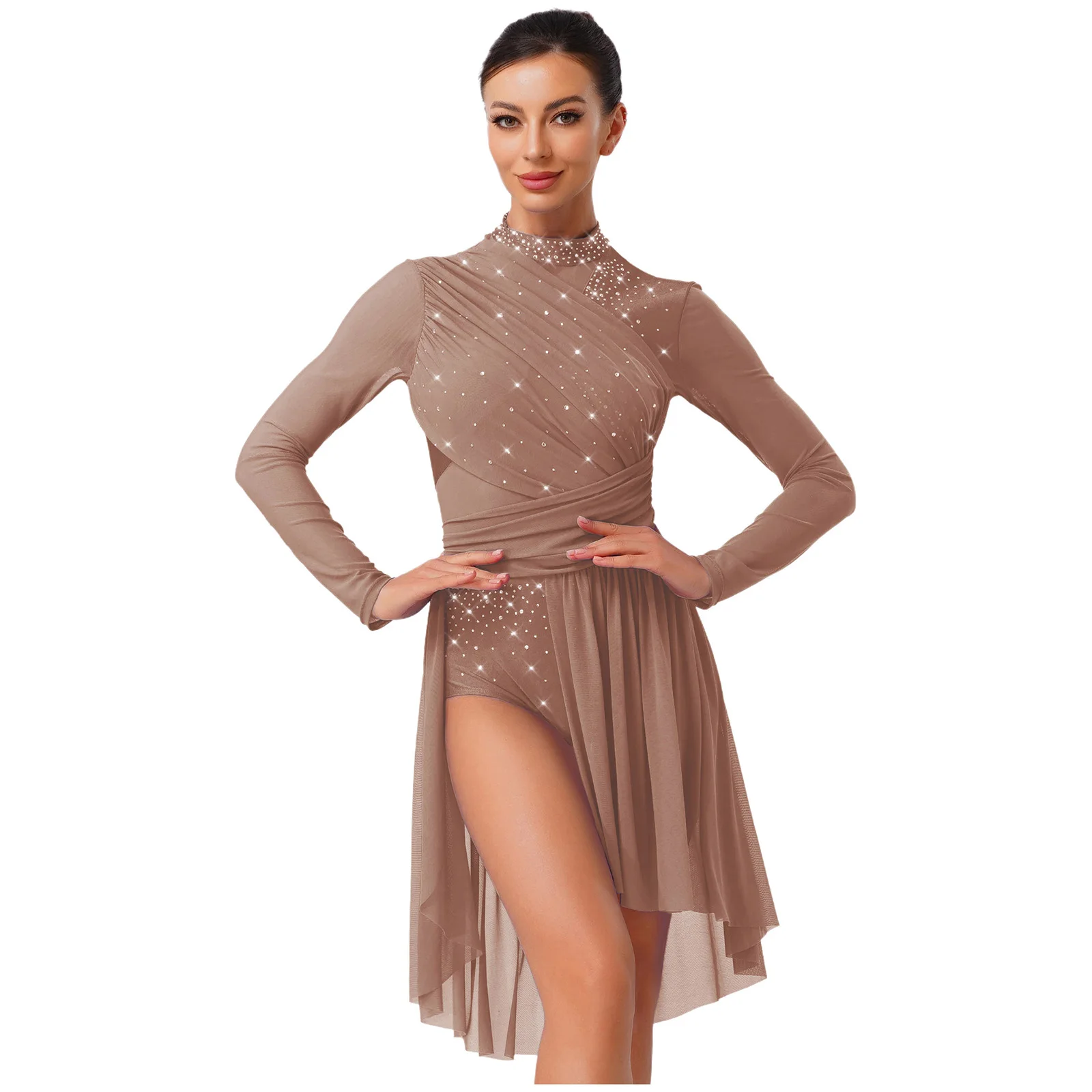 

Womens Glittery Rhinestones Modern Lyrical Dance Dress Long Sleeve Ruched Backless Leotard Dress Contemporary Dance Costumes