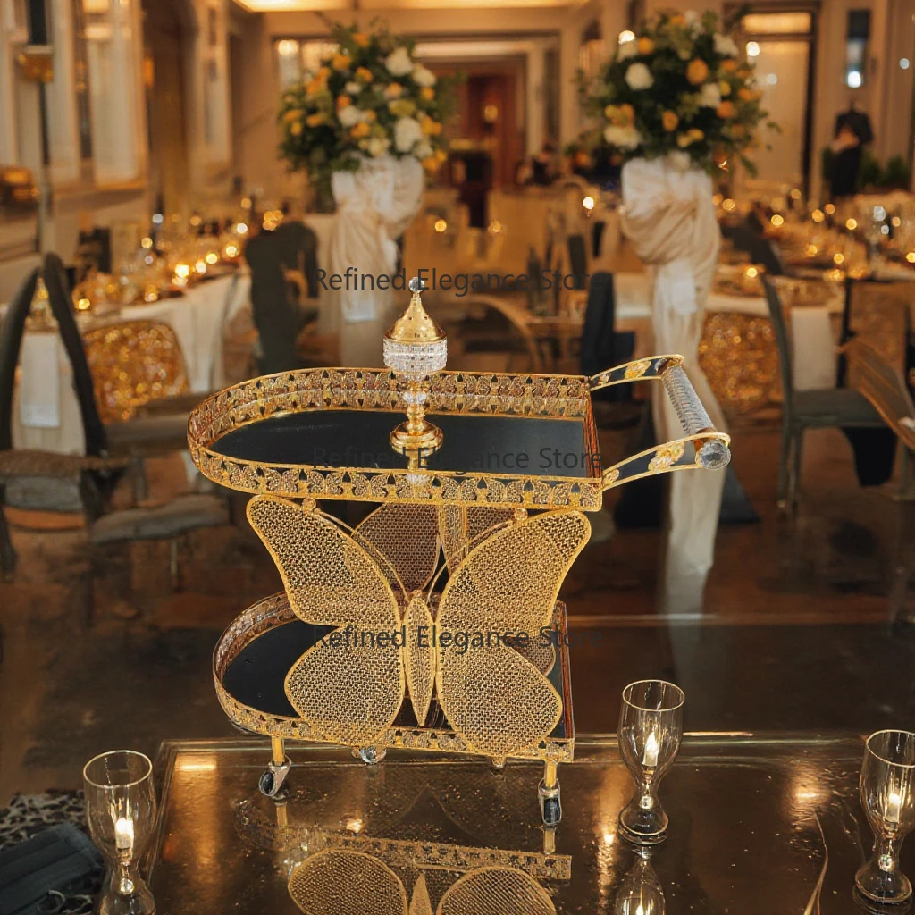 

Metal Handcart Hotel Metal Dining Cart Golden Party Wedding Dining Liquor Trolley