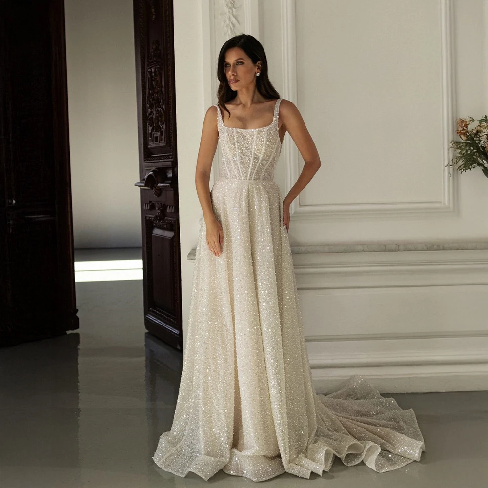 فستان زفاف مخصص برقبة مربعة وحزام سباغيتي على شكل حرف A مع ذيل محكمة فستان زفاف أنيق مطرز للعرائس #1