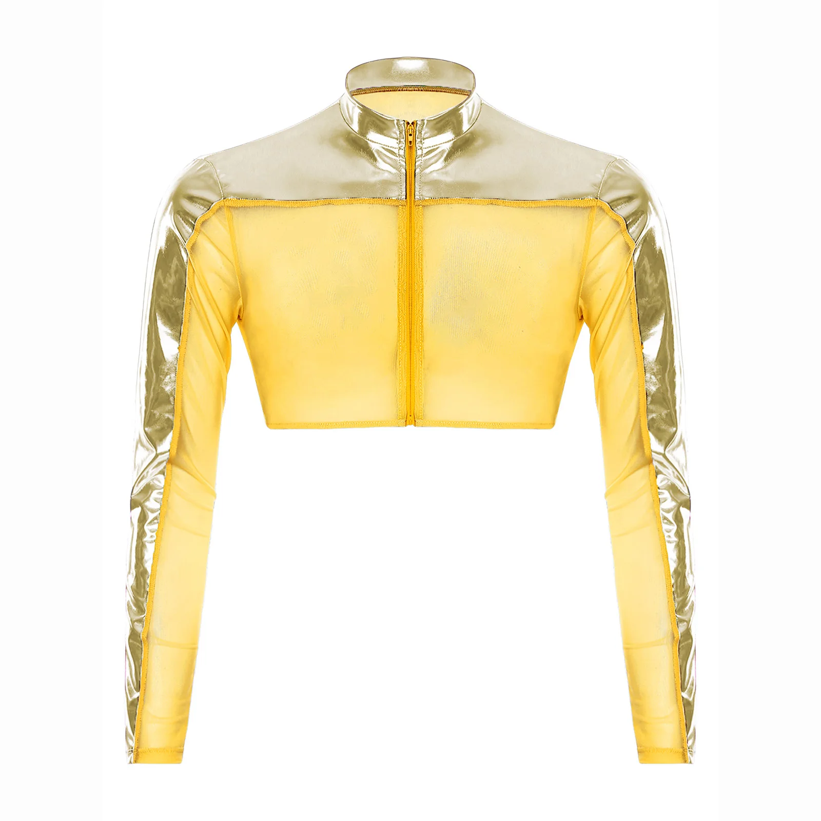 

Men Crew Neck Long Sleeves Front Zipper Half Tops Breathable See Through Mesh Shirt Tops Shiny Metallic Crop Top Club Party Wear