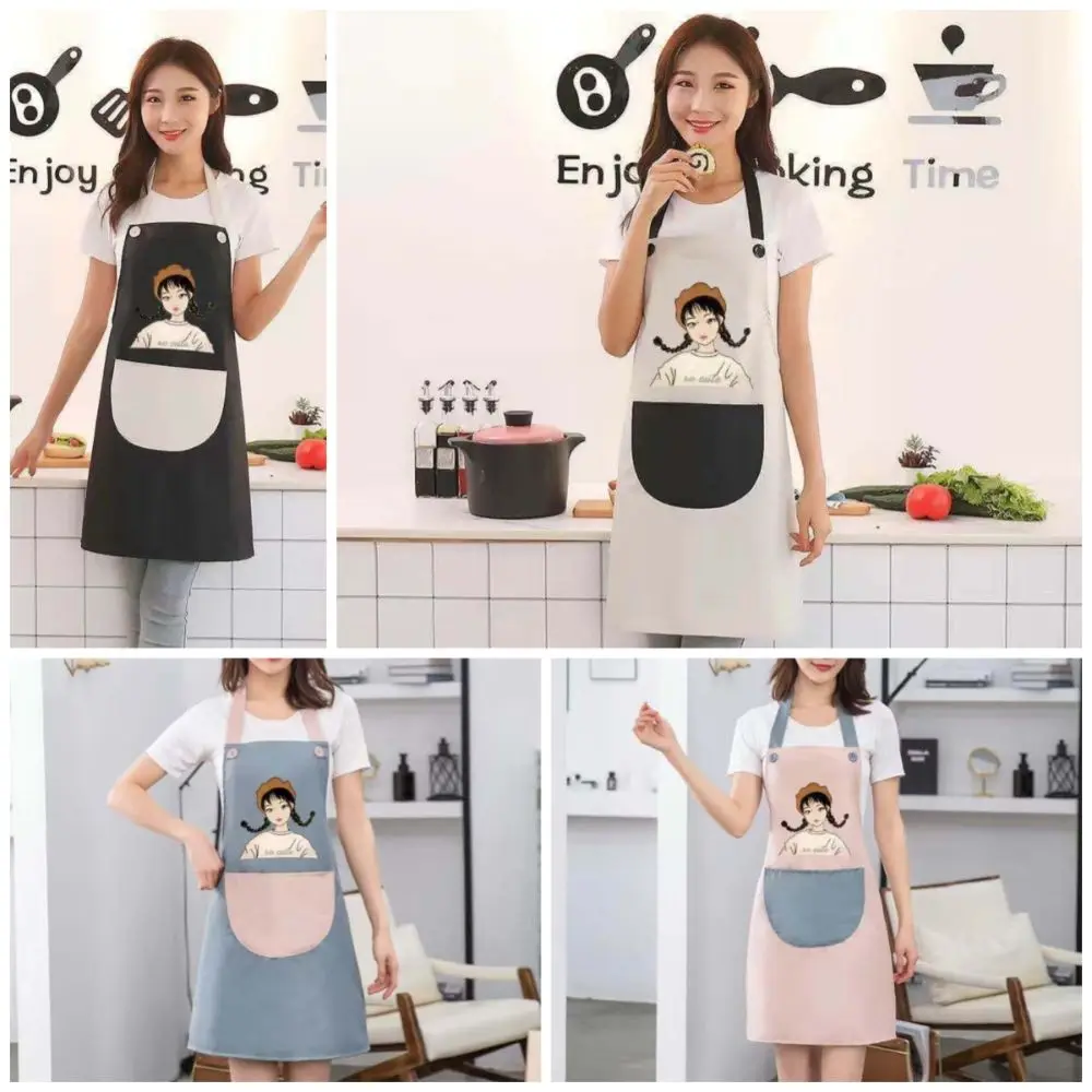 Fashion Cartoon Girl Kitchen Apron Anti-Oil Household Cooking Aprons Baking Accessories Waterproof Wipe Hand Apron for Women