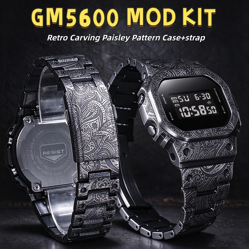 GM5600 Retro Paisley Engraved Mod Kit For Casio GM-5600 Stainless Steel Watch Case & Band Metal Bezel Strap Upgrade Accessories