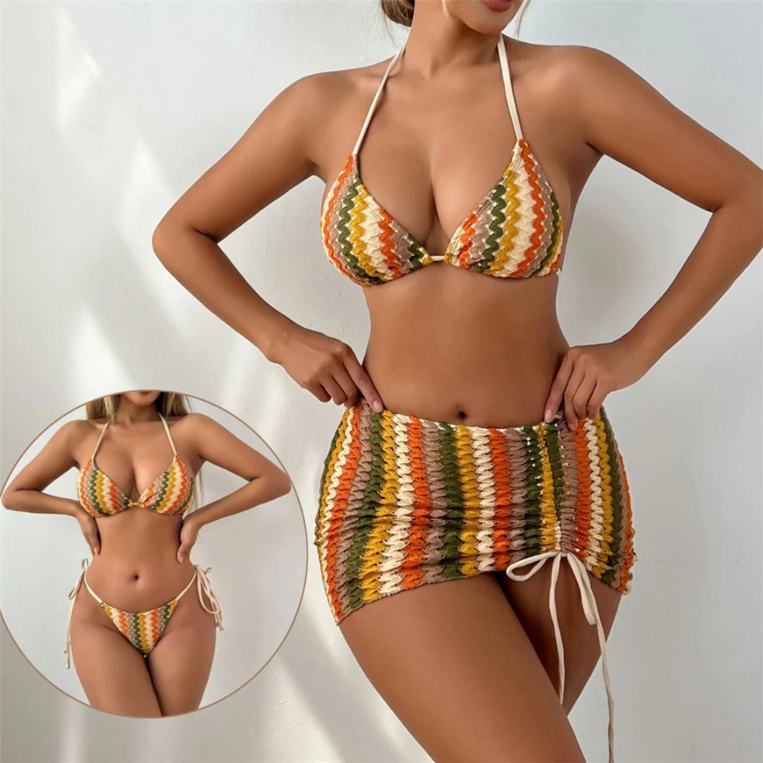 S - XL, mit Rock, bedruckter Neckholder-Bikini, Damen-Badebekleidung, dreiteiliges Bikini-Set, Badeanzug, Badebekleidung, Schwimmbekleidung V7521 – Detail 2