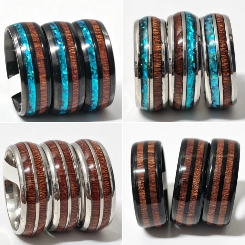 36pcs Wholesale 8mm Wide Band Inlaid Stainless Steel Rings Mixed Enamel Imitation Wood Bulk Lot for Retailers Jewelry Resellers
