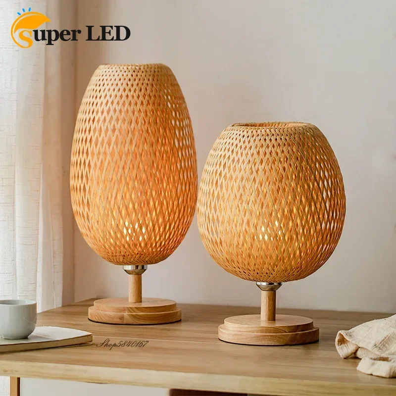 

Chinese Style Handmade Wooden Desk Lamp Vintage Bamboo Table Lights for Living Room Bedroom Decoration Creative E27 Beside Lamp