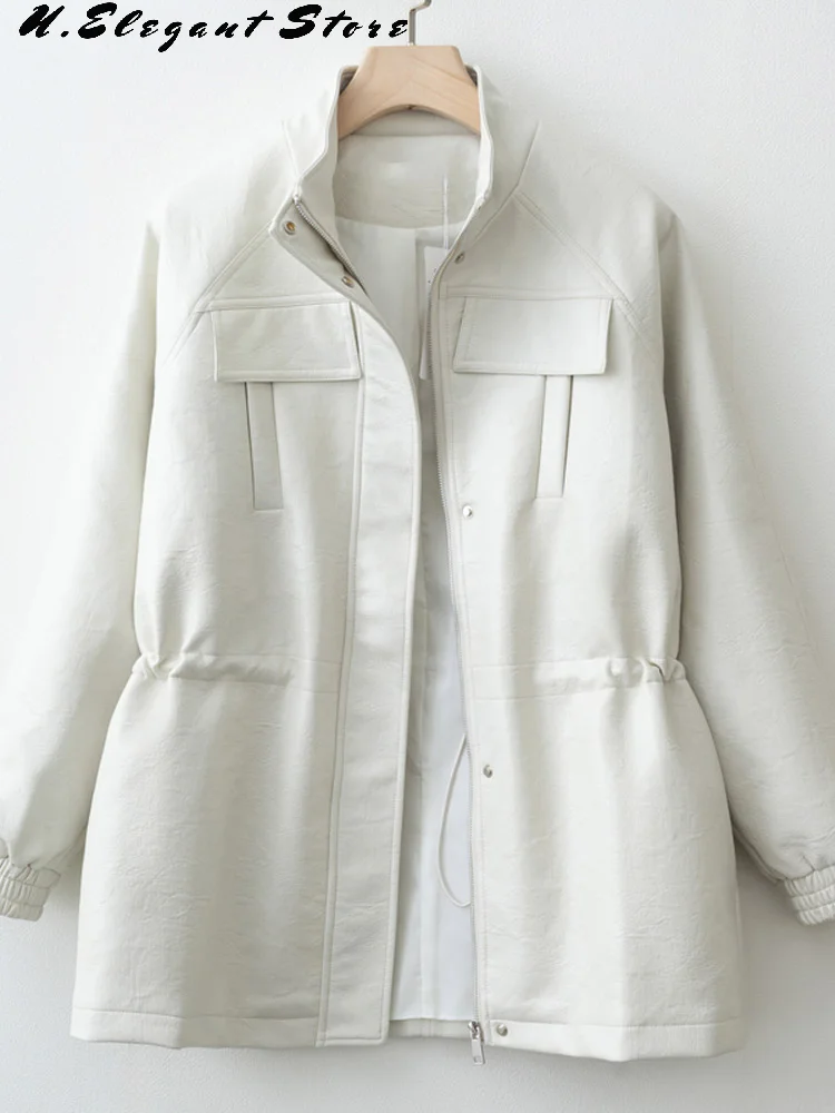 秋冬PUレザージャケット レディース 無地 長袖 ウエストゴム調節可能 コート 2025年新作 レディースファッション カジュアルアウター