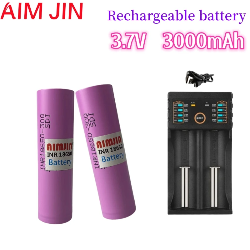 

100% Original New INR18650 Battery 3.7V 3000mAh 30Q Li-Ion Rechargeable Batteries+Charger