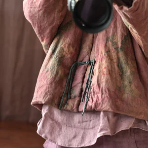 Johnature-Floral Stempel gepolsterte Jacke für Frauen, Vintage-Leinenmäntel, chinesischer Stil, Langarm, Knopf, Gürtel, neu, Herbst, 2024 10 Hauptverkaufsmantel über alle Blumen - №6