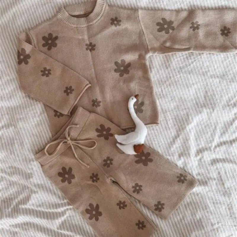 

Girls Flower Print Knitted Pullover + Pants 2pcs Suit Infant Casual Sweater Outfits 2025 Autumn New Baby Flower Sweater Set