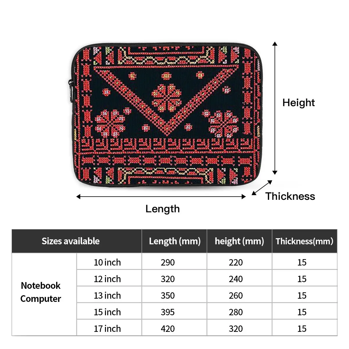 Three Flowers Palestinian Embroidery Notebook Laptop Bag Case Pouch Notebook Sleeve Cover Bag Tablet Shockproof Case Bag