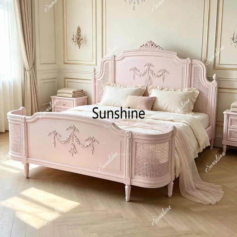 French solid wood carving flower pink, single rattan bed, master bedroom double wedding bed