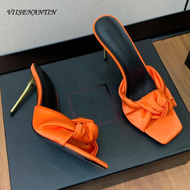 

Runway Style Silk High Hee Slippers Women Sandal Cross Tied Butterfly Knot Open Toe Stilettos Slides Fashion Ladies Summer Shoes