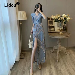 Mezza manica donna coreana bohémien Beach Sexy Split Maxi Dress stampato Lace-up Slim elegante Ladies Casual Holiday Dress abbigliamento