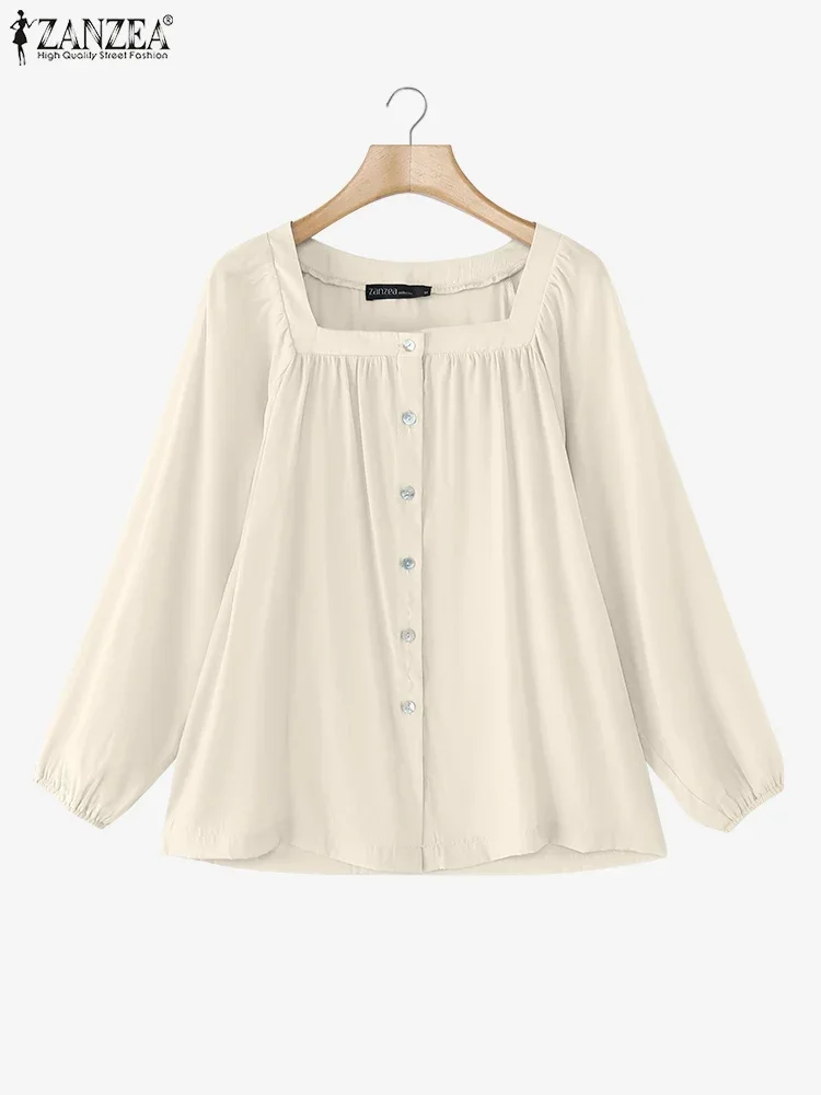 2025 ZANZEA ผู้หญิงเดี่ยว Breast Tops วันหยุดสีทึบเสื้อแฟชั่นฤดูร้อนแขนยาวจีบ Tunics Casual หลวม Blusas