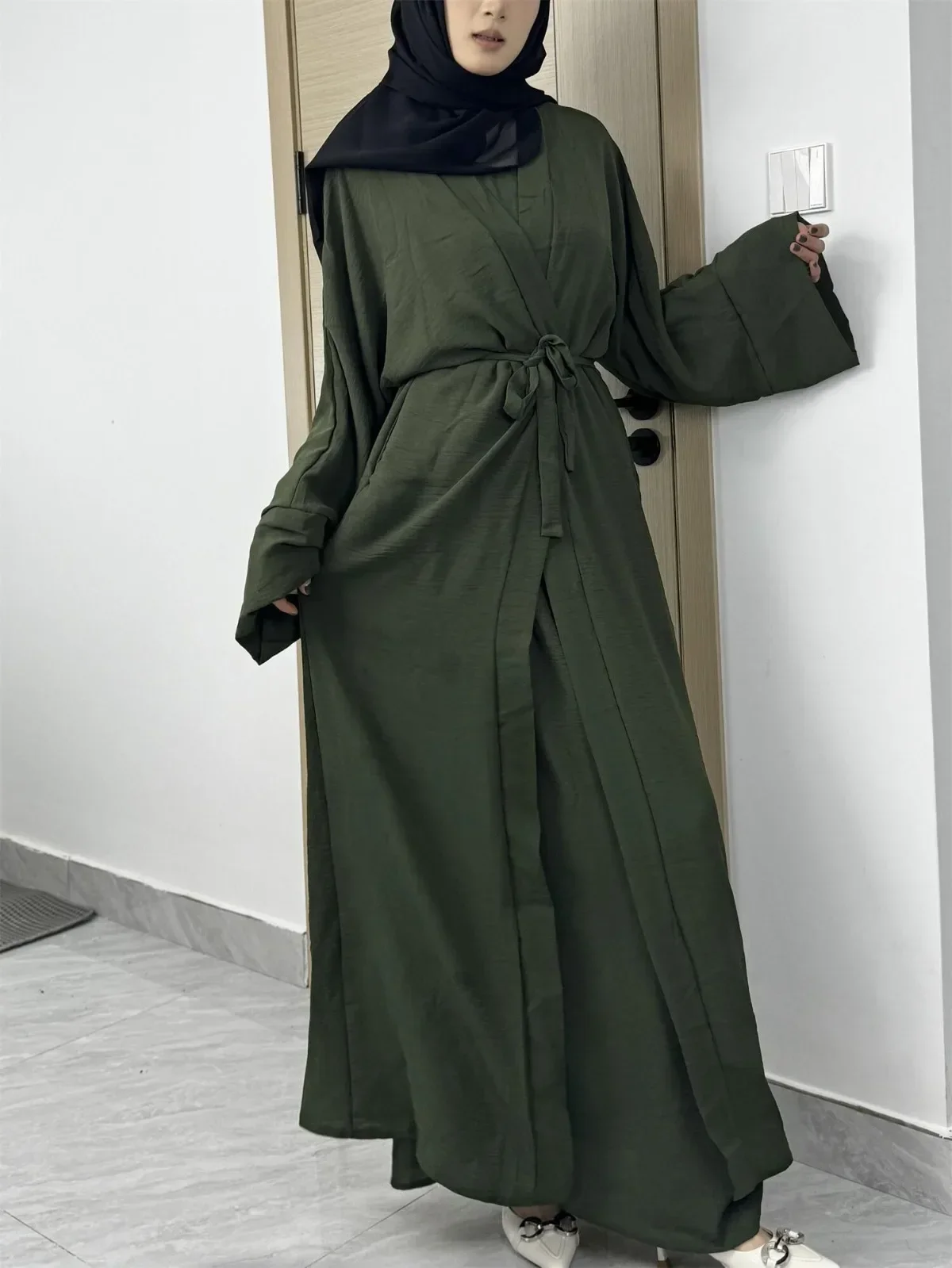 Women Open Front Abaya Muslim Sets Muslim Jilbab Loose Cardigan Coat Sleeveless Inner Dress Two Pieces Prayer Clothing with Belt