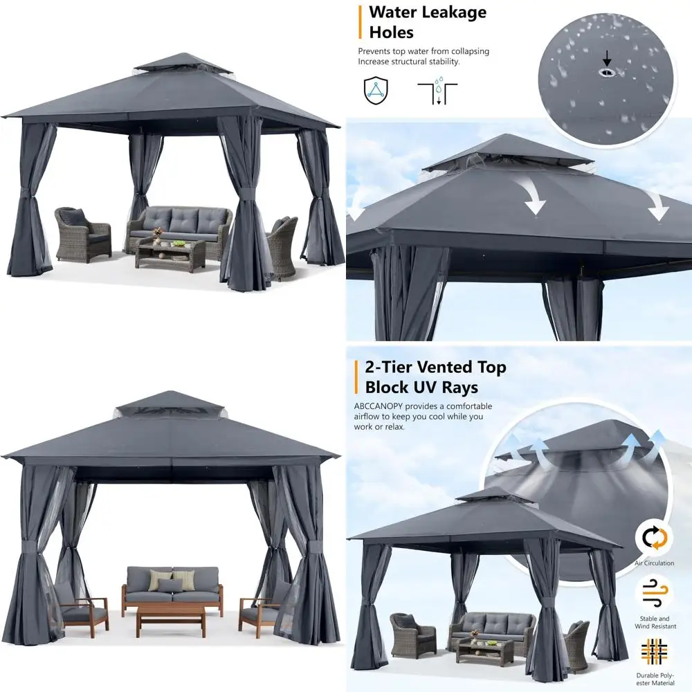 

Outdoor Patio Gazebo 11x13 - Double Roof Canopy with Mosquito Netting and Curtain for Backyard, Deck, Garden, Lawn, Dark Grey