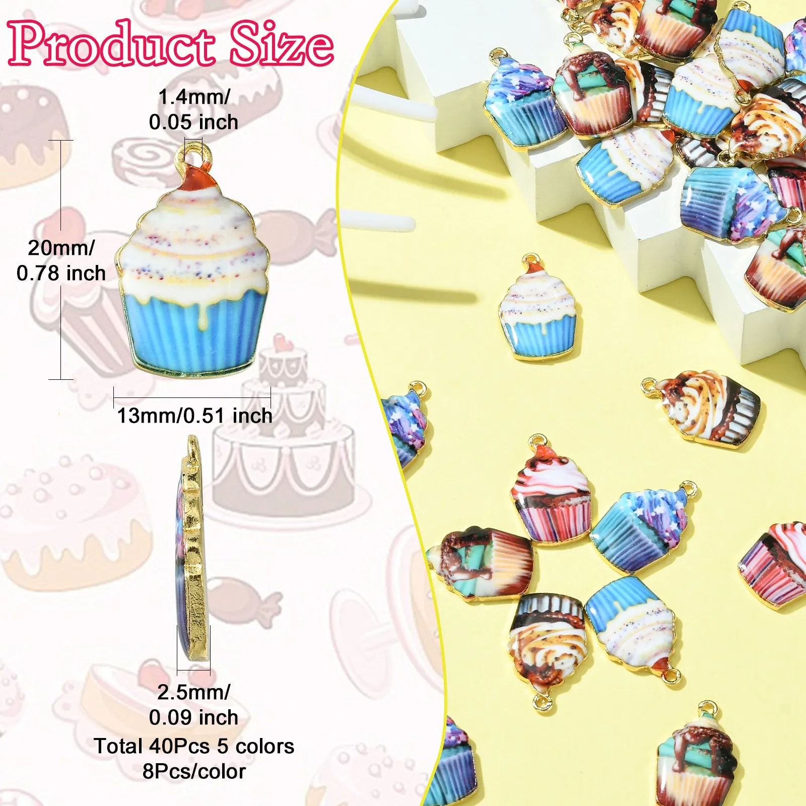 Pandahall 40Pcs 5 Colors Dessert Theme Enamel Cupcake Charms Sweet Food Cupcake Dangle Charms Bulk for Jewelry Making