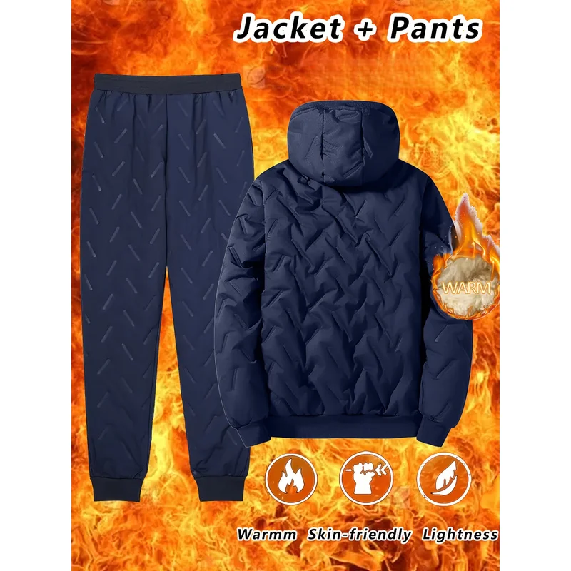 Men's 2-Piece Warm Sportswear Casual Sports Thickened Hooded Jacket Cold-Proof Warm Sweatpants Clothing Winter Clothes Coat Man
