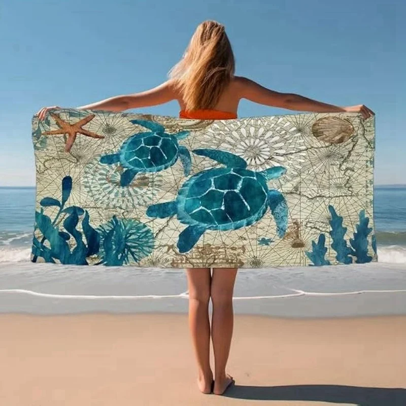 Quick-Drying Beach Towel With Sea Turtle Pattern, Soft And Absorbent, Suitable For Bathroom, Outdoor, Pool And Camping