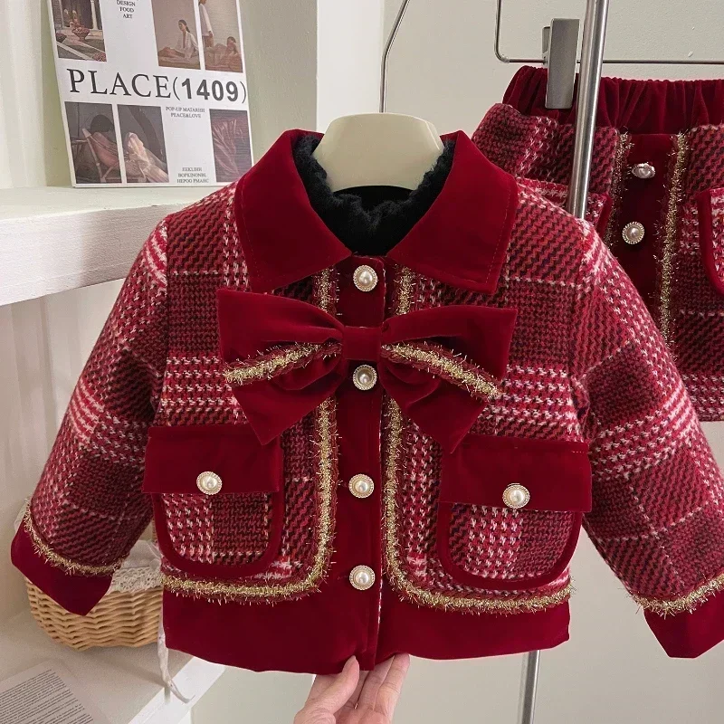 Girl\'s Suit Winter New Wine Red Plaid Girl\'s Small Fragrance Tweed Temperament Long Sleeve Coat + Cotton Skirt Suit