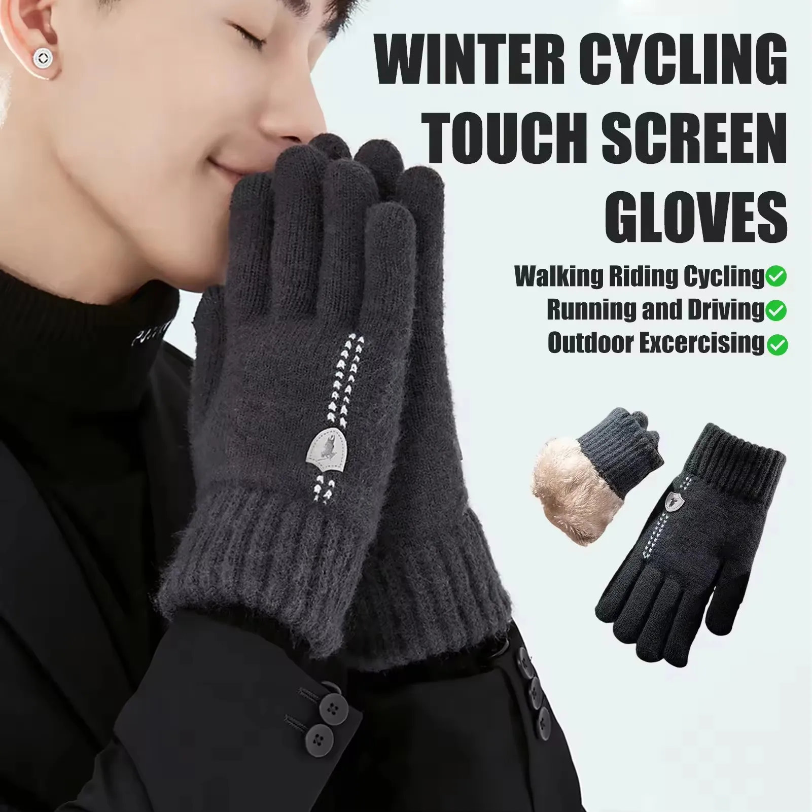 Gestrickte, warme, dicke Handschuhe für Herren, Winter, winddicht, Touchscreen-Handschuhe, waschbar, Outdoor-Radfahren, Vollfinger-Handschuhe