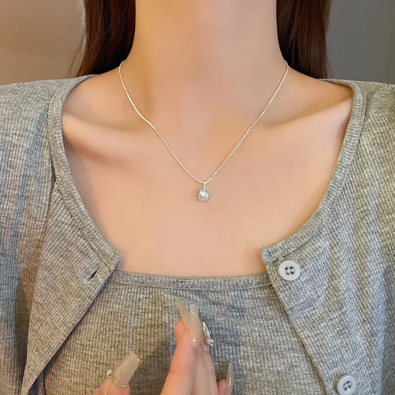 Dainty Teardrop Iridescent Zircon Silver Pendant Necklace for Women, Tiny Rainbow Pear Crystal Box Chain Choker, Minimalist Delicate Daily Jewelry, Romantic Birthday Anniversary Gift for Teen Girls - view 3