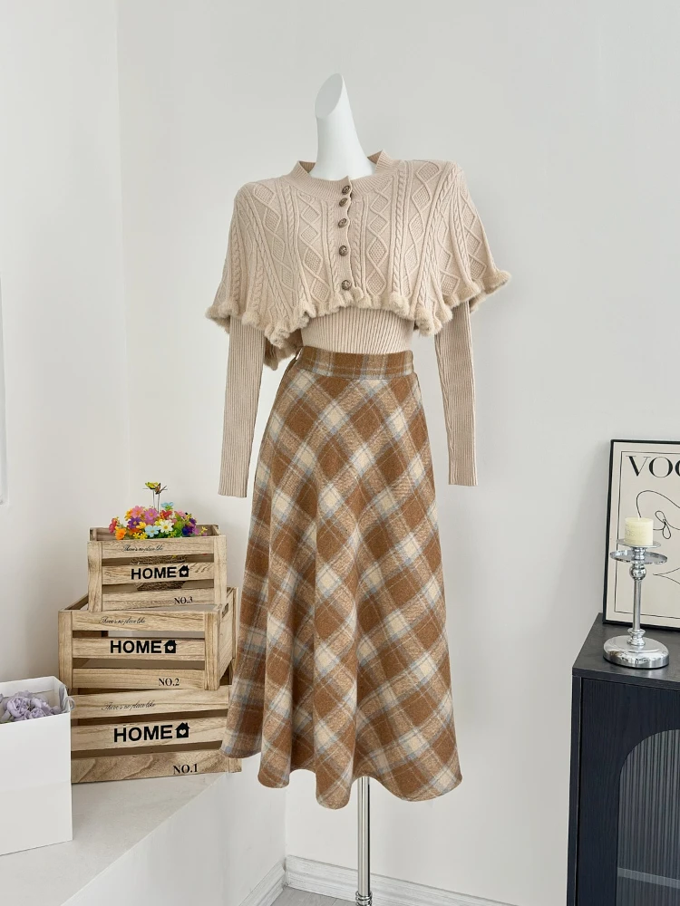 French Elegant Cape Knit Dress Women Autumn Winter New Fashion High Waist A Line Skirt Korean Fashion Outfit 2 Piece Set Retro