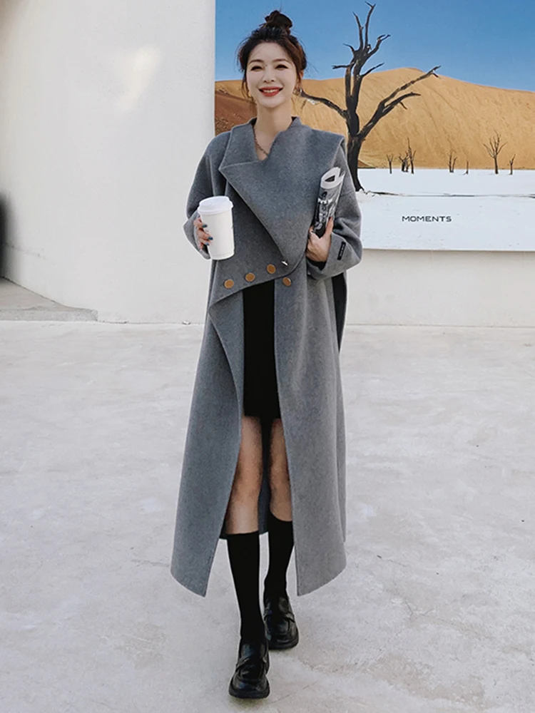 LANMREM Wool Coats For Women Scarf Collar Long Length Irregular Buttons Coat Gray Color Female High End Luxury Clothing 2R7870