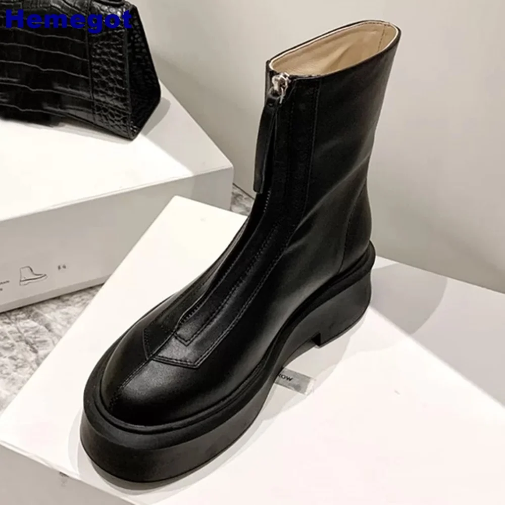 Botas curtas de couro genuíno estilo britânico 2024 primavera ao ar livre casual escritório dedo do pé redondo zip sola grossa botas moda feminina