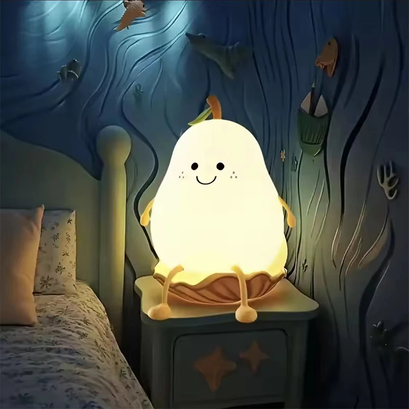 

Cute Smile Pear Night Light, Portable Creativity with Touch Sensor, USB Silicone Baby Sleep Dimmable Bedside Lights Table Lamp
