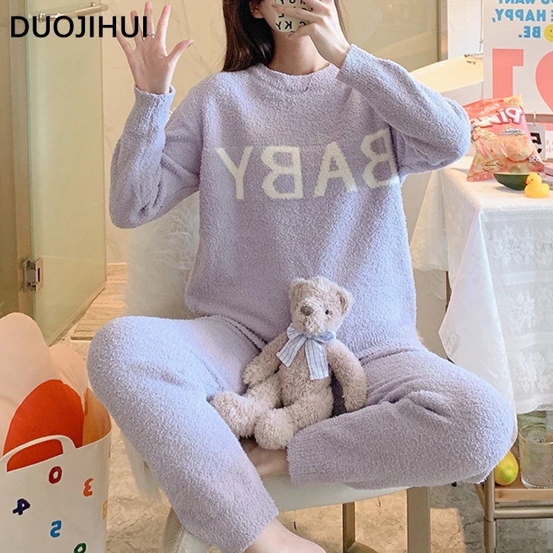 DUOJIHUI Solid Color Fashion Letter Printing Female Pajamas Set Winter Simple Loose Basic 4-colors Casual Home Pajamas for Women