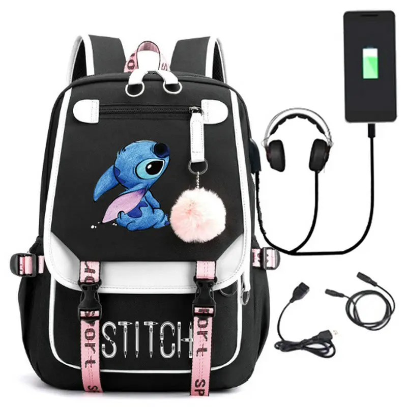 Disney Stitch Mochila Feminina plecak USB ładowanie torby szkolne nastoletnie dziewczęta chłopcy plecak na laptopa damskie plecaki podróżne