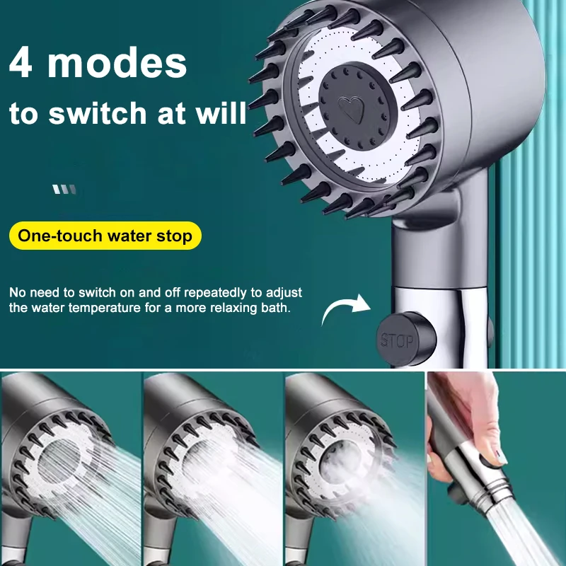 3 Mode High Pressure Shower Head Adjustable ShowerHead Filter With Massage Brush One-Key Stop Shower Bathroom Accessories