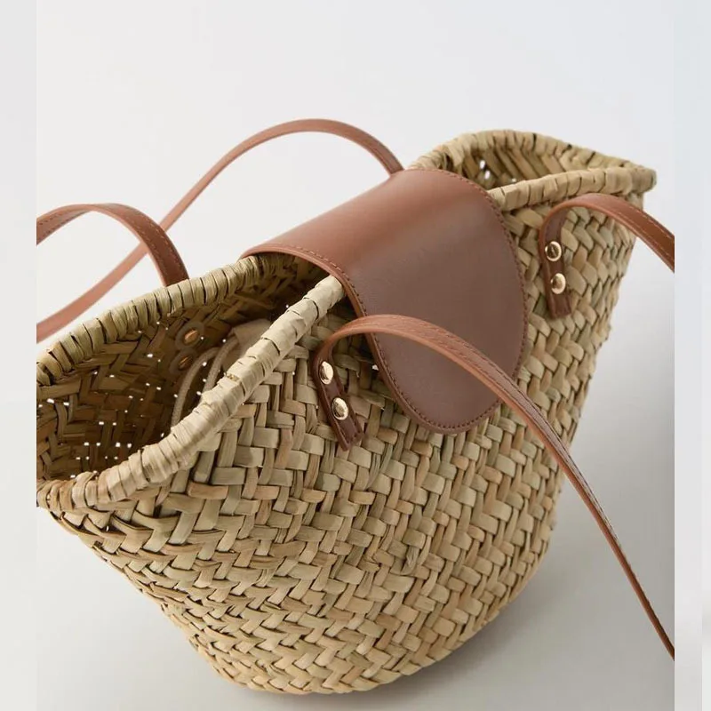 Casual Rattan Basket Bag Natural Wicker Woven Women Shoulder Bags Vintage Handmade Summer Beach Bag Large Capacity Tote Purses