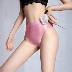 Women High Waist Sexy Panties Oil Glossy Candy Color Briefs Smooth Thin Sheer See Through Thong Elastic Tight Underwear
