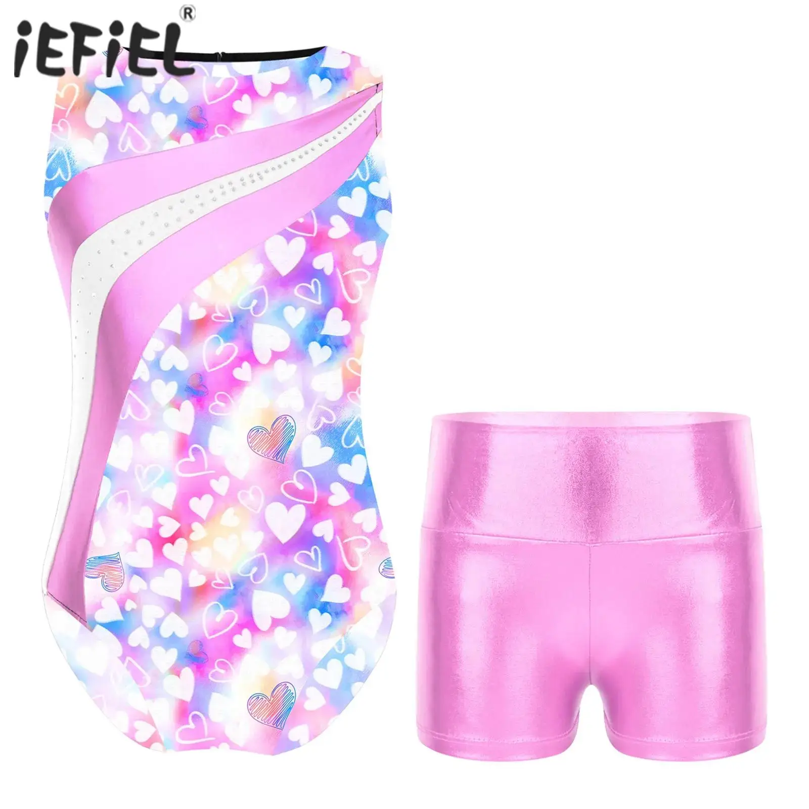 

Kids Girls Sports Outfits Figure Skating Dancewear Sleeveless Print Sport Dance Leotard Gymnastic Bodysuit with Dance Shorts Set