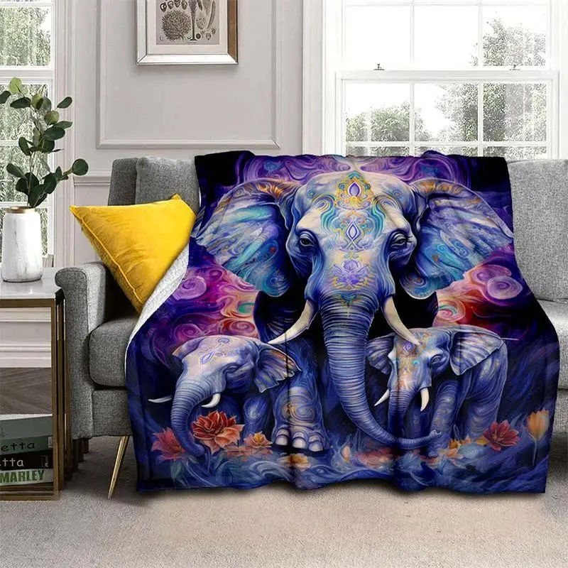 VIKAMA Boho Elephant Family Flannel Throw Blanket Purple Swirl Floral Mystic Pattern Soft Sofa Bed Home Decor Blanket