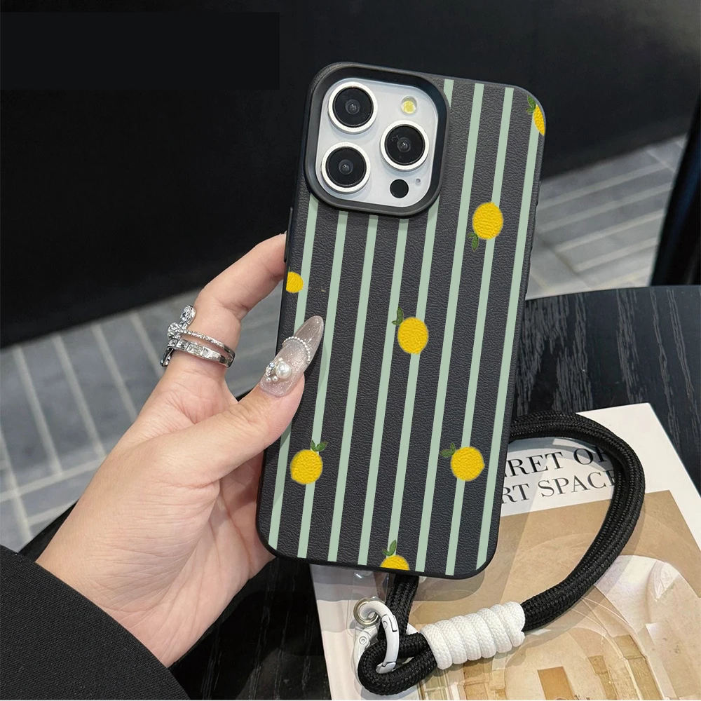 Striped Lemon Hand Wrist Strap Leather Phone Cases For iPhone 17 13 11 12 Pro Max Plus 15 14 16 XR XS 17 Air With Lanyard Cover view 6