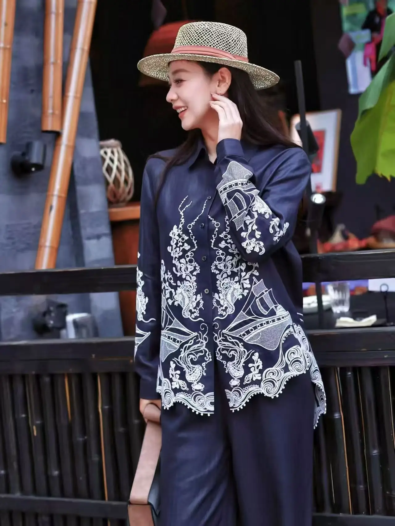 High-end Fashion Women's Spring/Summer Retro Embroidery Single Breasted Blouse Top+Wide-leg Pant Linen Loose Two Piece Set S-XXL