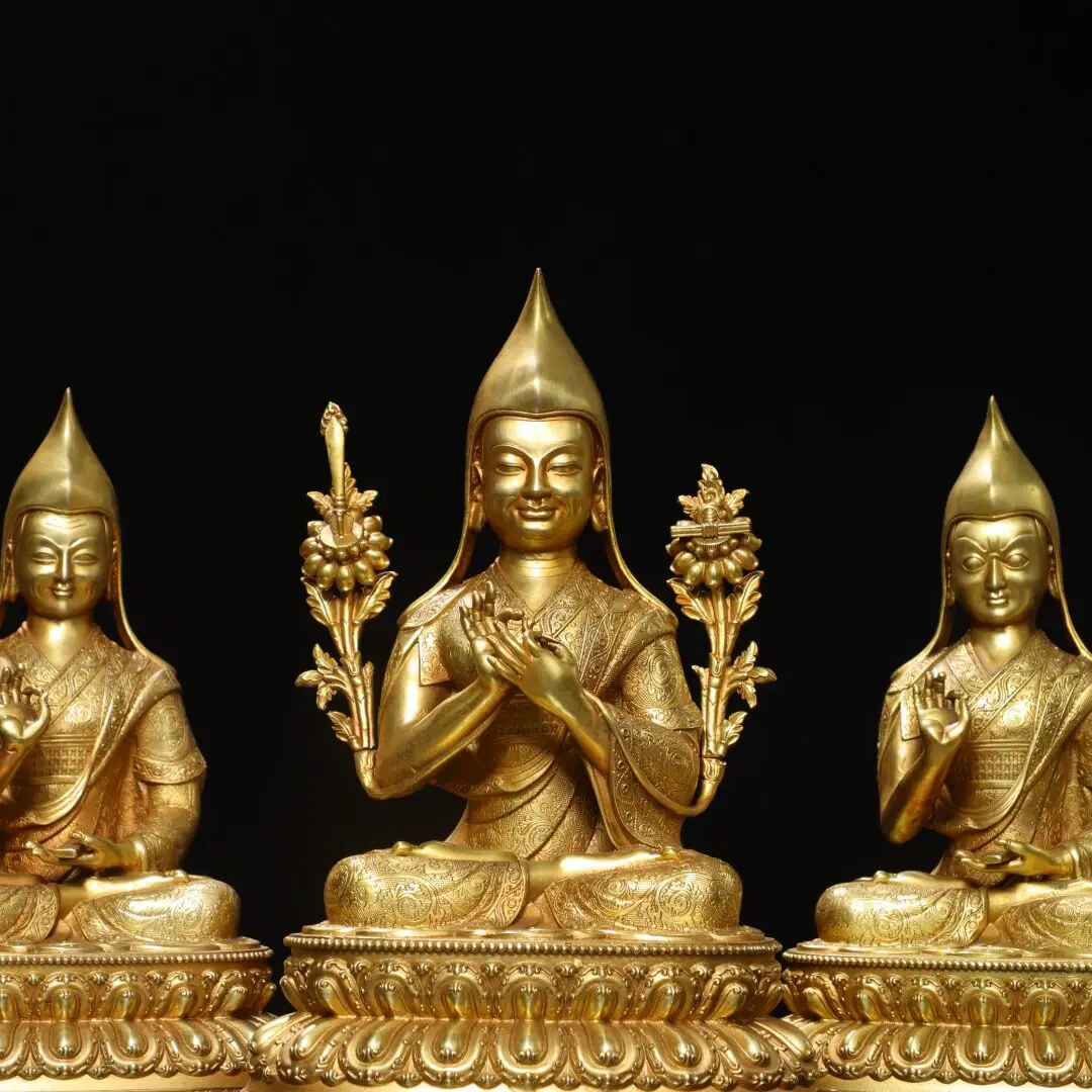 Tibetan Tsongkhapa Three Masters Statue Set Pure Brass Full Gold Plated Buddhist Home Altar Fine Decor