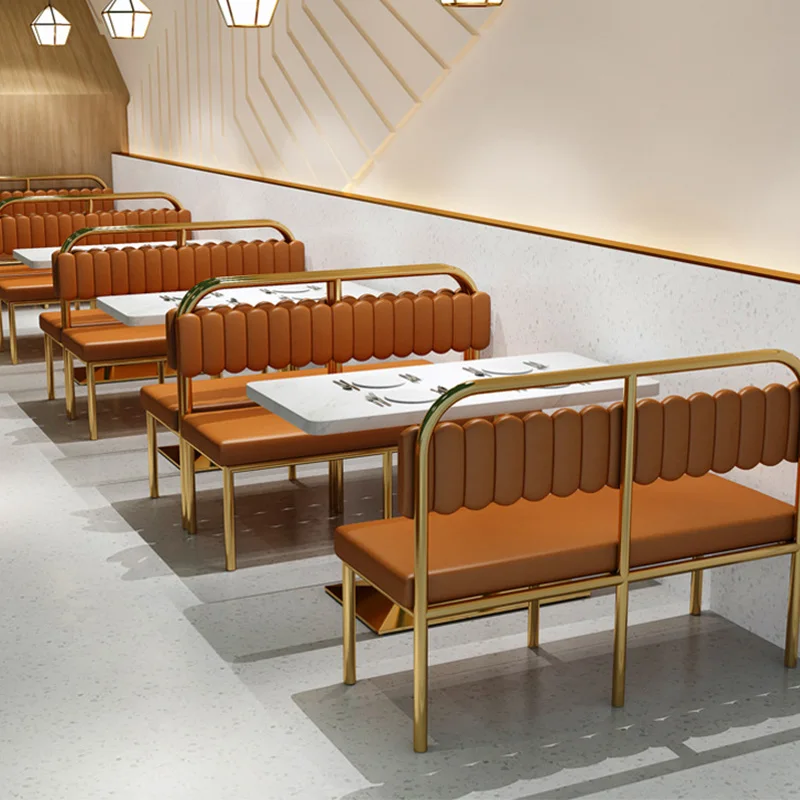 

Custom Restaurant Furniture Gold Wrought Iron Card Seat Sofa Cafe Restaurant Commercial Table and Chair Combination