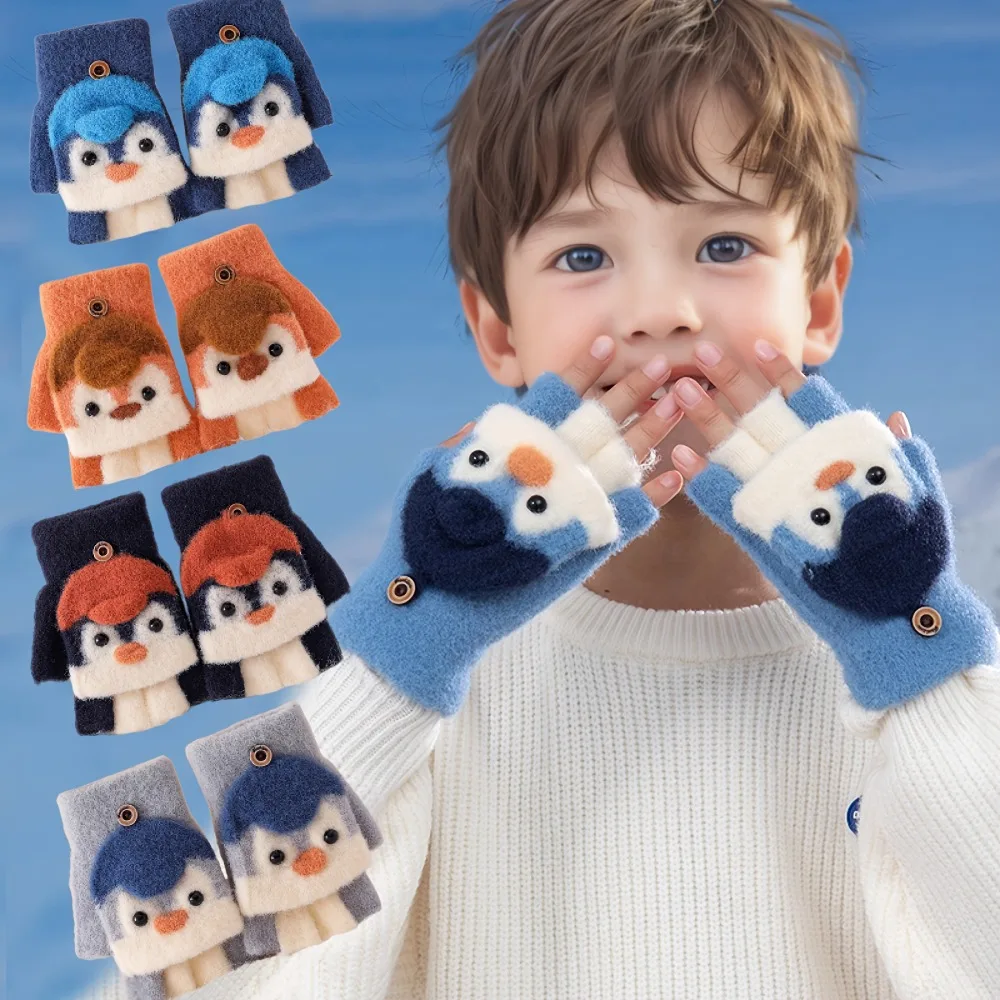 Winter-Schüler-Schreibhandschuhe mit Klappdeckel für Jungen und Mädchen, niedliche Pinguin-Handschuhe für Kinder, warme Cartoon-Fünf-Finger-Handschuhe, 3–10 Jahre