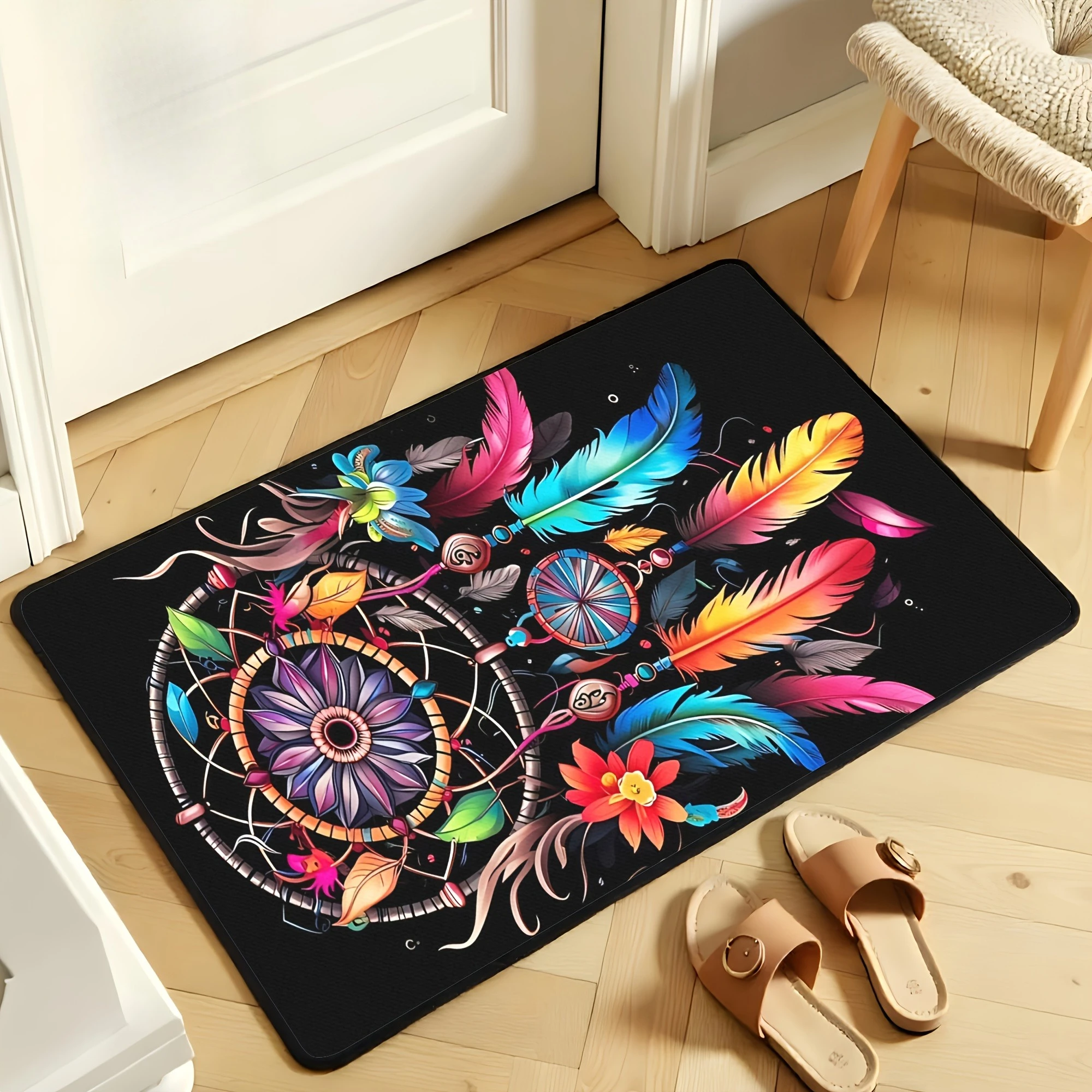 Boho Dreamcatcher Doormat Colorful Feather Floral Pattern 2D Flat Floor Rug for Indoor Entrance Bedroom Hallway Household Home