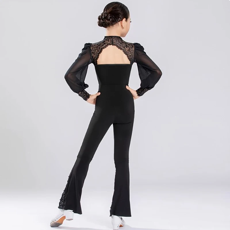 

Детский костюм для латиноамериканских танцев для девочек: гимнастический комбинезон с кружевной спинкой и брюки, профессиональный костюм для выступлений