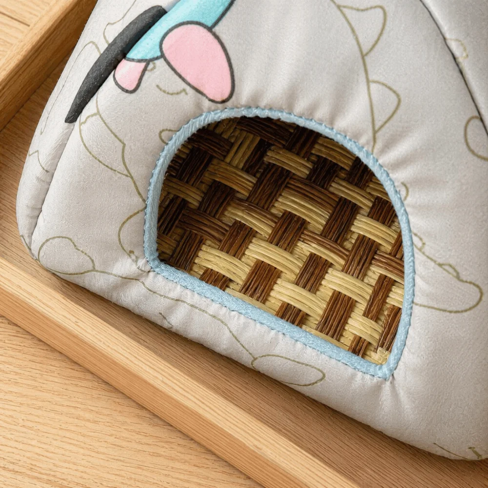 Cartoon Dinosaur Soft Hamster House Woven Mat Base Heat-dissipating Small Pet Bed Hanging Loop Splash-proof Hamster Shelter