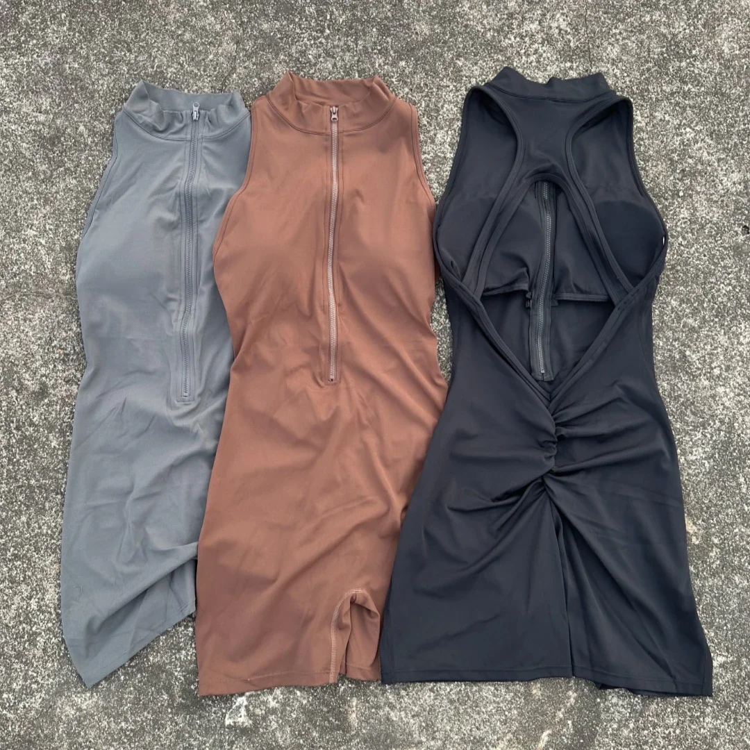 

Solid color Scrunch Back Waist Tight Yoga Jumpsuit Shorts Set Women Zipper Gym Sportswear Fitness One Piece Sports Suit Workout