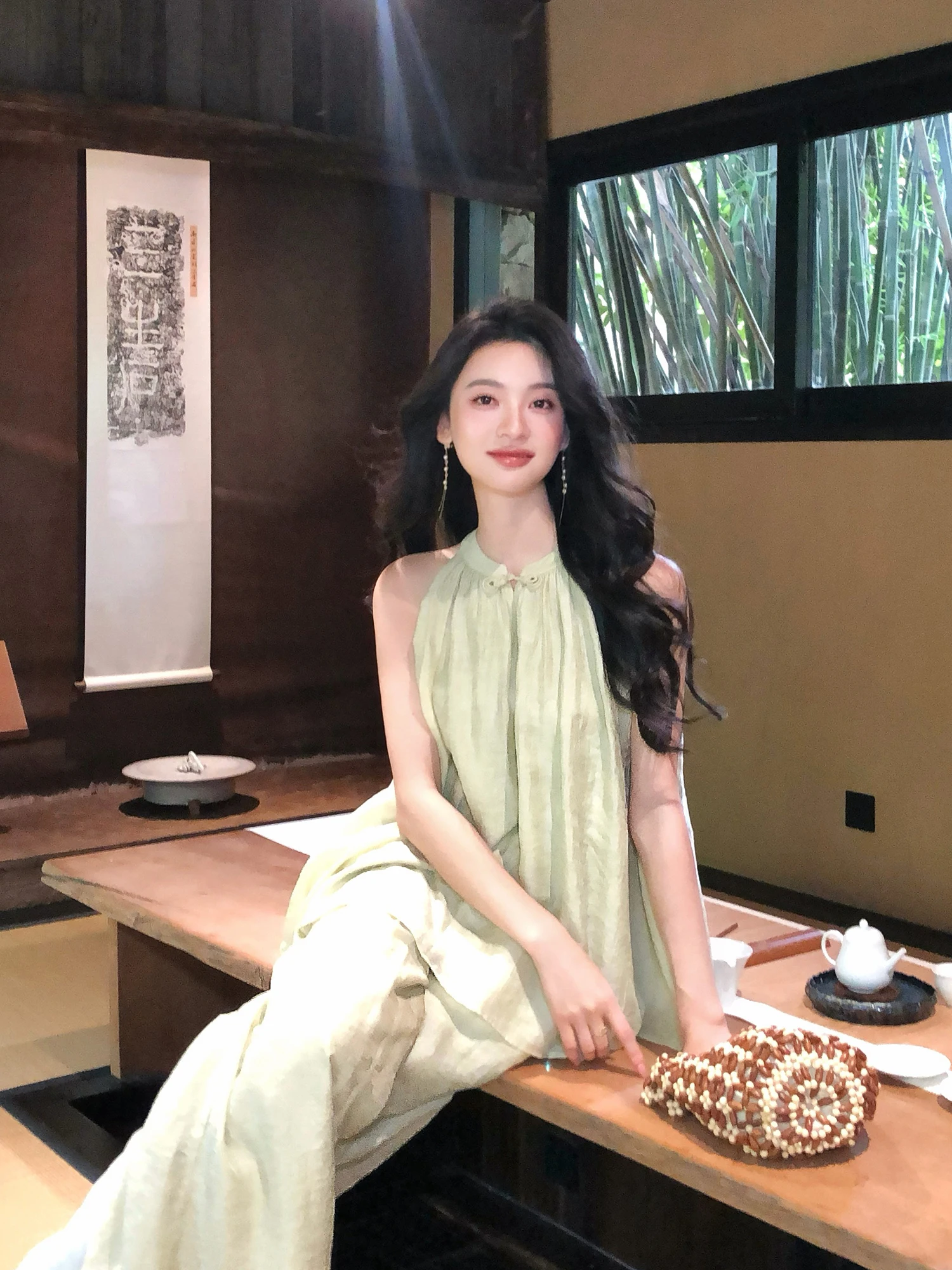 Pusumede New Chinese Style Set Wide Leg Pants Neck Hanging Sleeveless Women's Shirt with Button Elegant Top And Bottom Ensemble