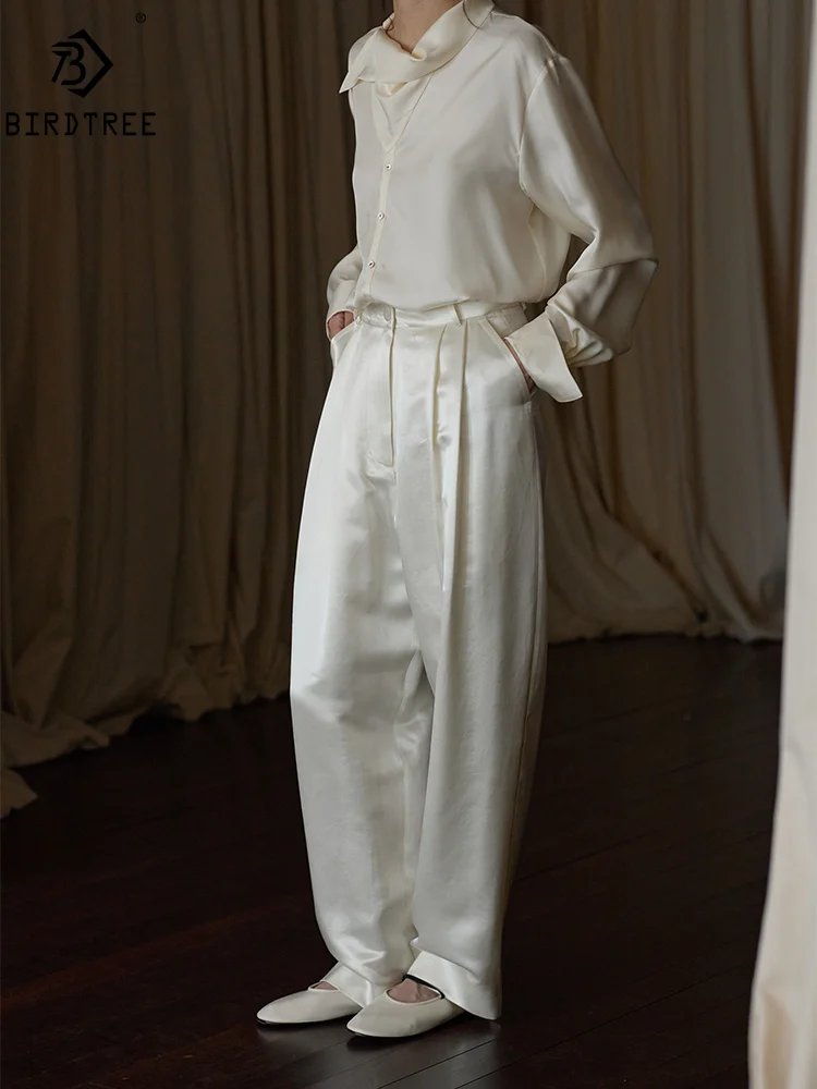 BirdTree, 30% Silk 70% Wool Elegant Wide Leg Pants, Women Solid Satin, Fashion Commute OL Pants, 2024 Autumn Winter New B48334QM