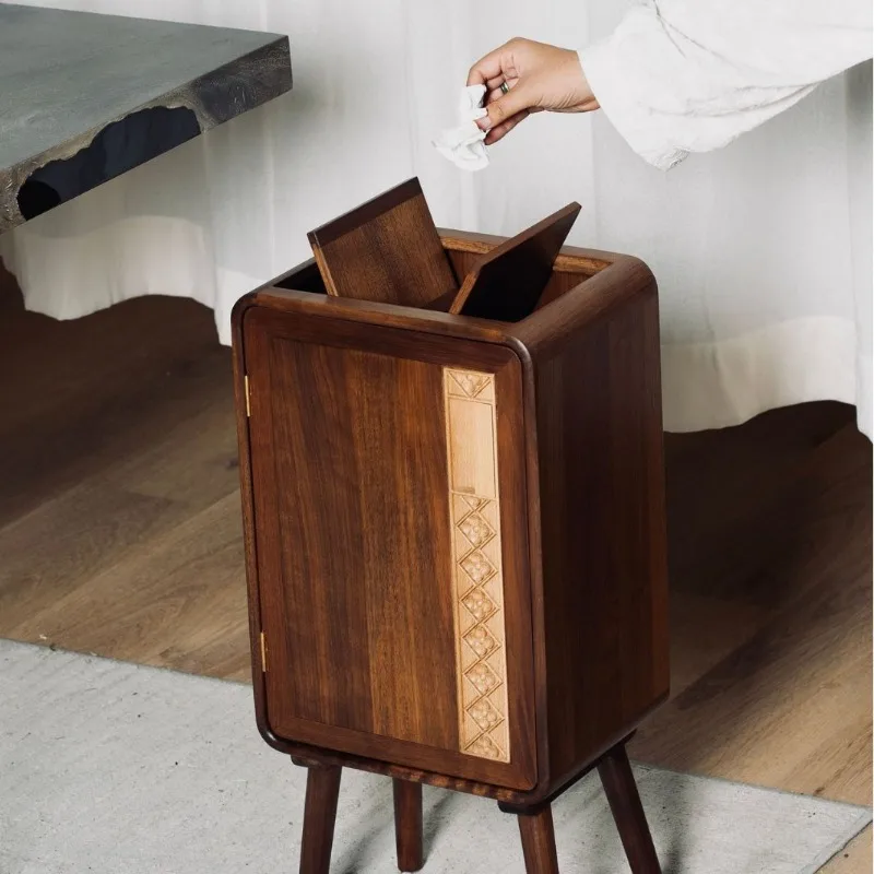 Black Walnut Trash Can Modern Chinese Style Waste Bin for Living Room Office Paper Basket Eco-Friendly Kitchen Bathroom Bin