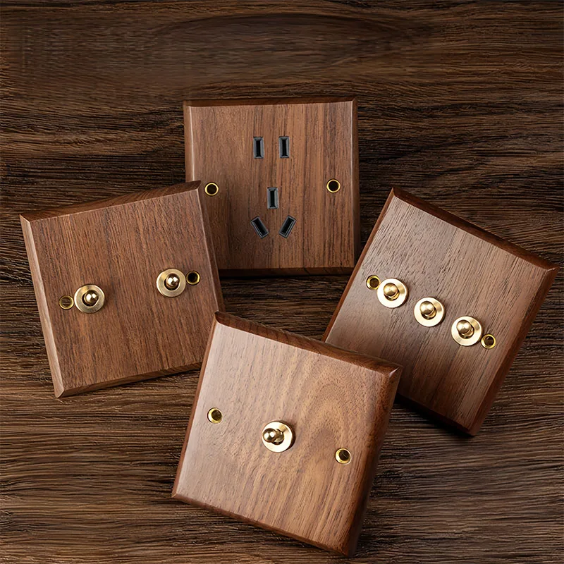 

86mmx86mm Black Walnut Brass Toggle Switch Socket 110-250V Embedded Power Outlet Wood Pattern Panel Copper Leve With LED Light